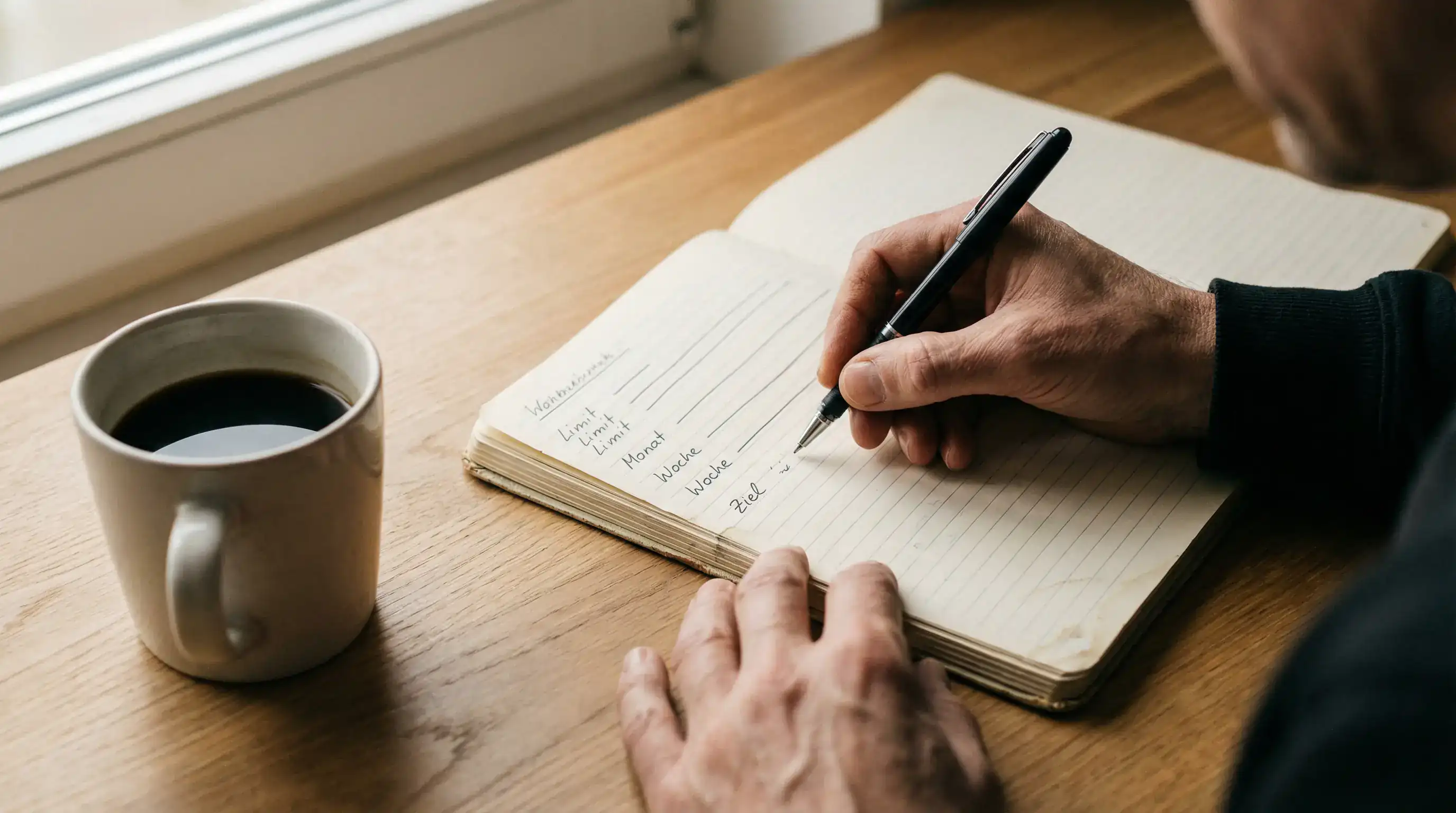 Person mit Notizbuch und Stift, die Einsätze und Monatsbudget dokumentiert
