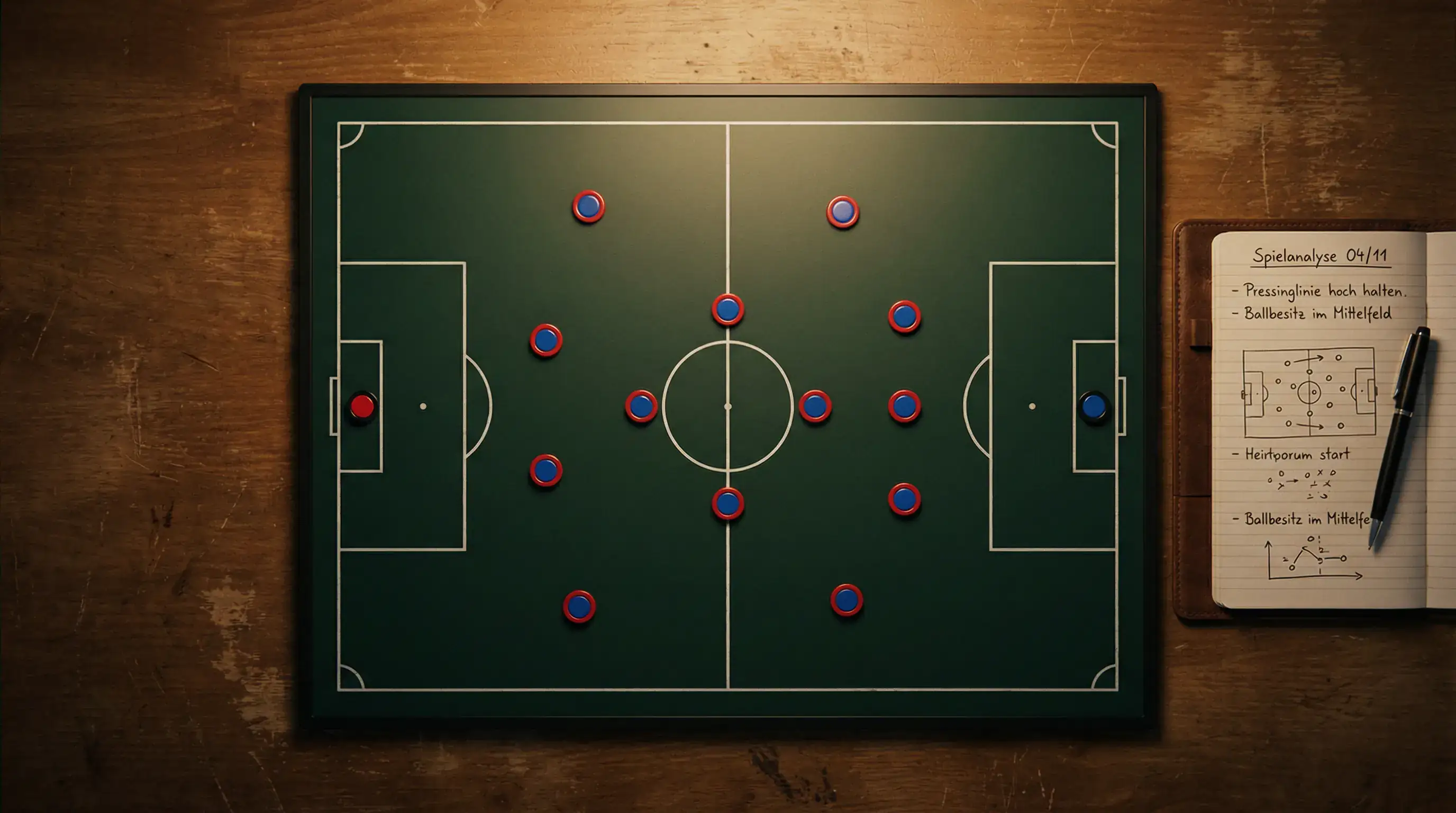 Taktiktafel mit Fußball-Aufstellung und Notizen zu Wettmärkten